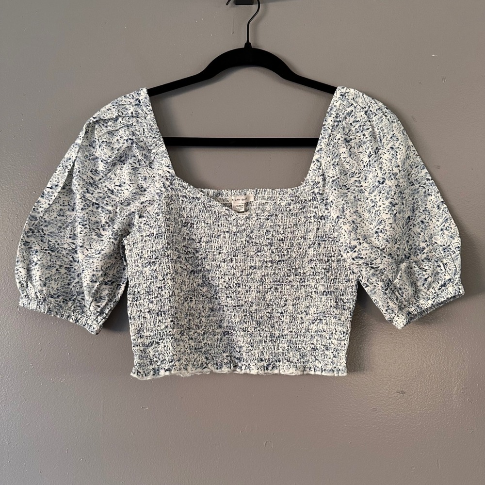 American Eagle Off the Shoulder Smocked Crop Top | White + Blue Floral